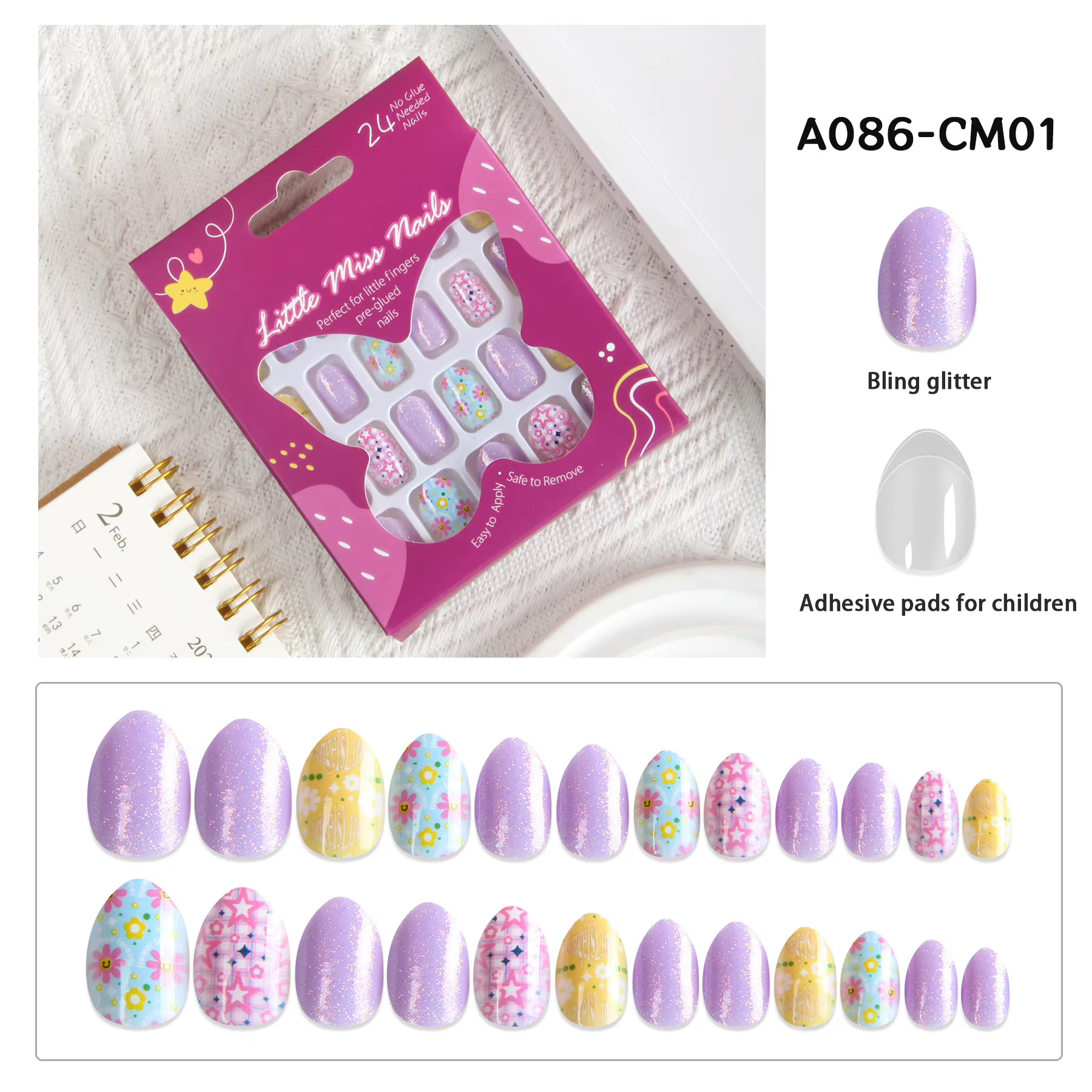 24 pièces enfants mignon faux ongles filles dessin animé presse sur ongles avec tampons adhésifs pai