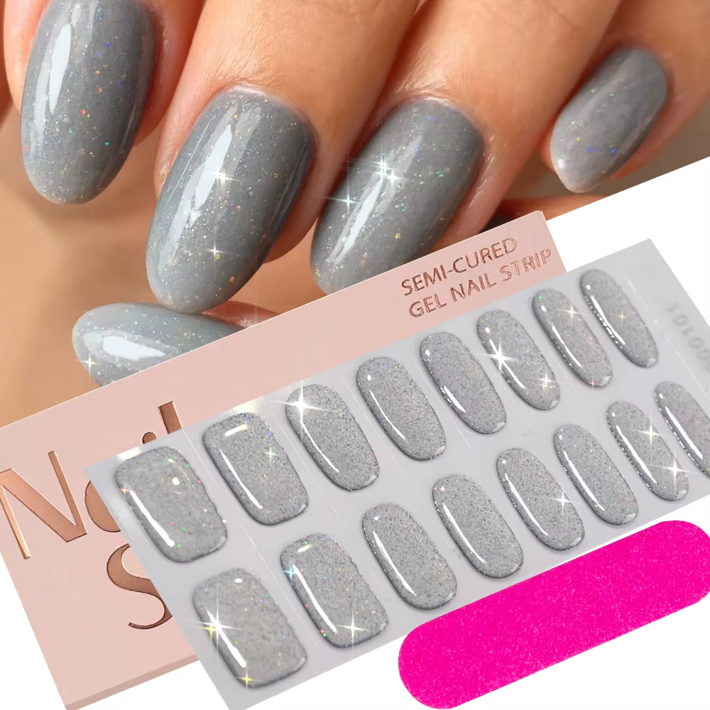 16 autocollants pour ongles en gel semi-durci à paillettes noires + 1 lime à ongles, bandes adhésive