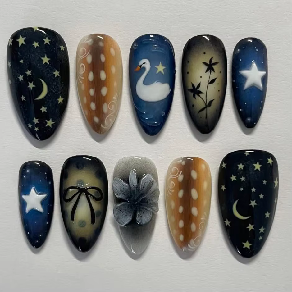 Faux ongles Style étoile lune, 24 pièces, nœuds papillon en forme de cygne blanc, motif floral impri