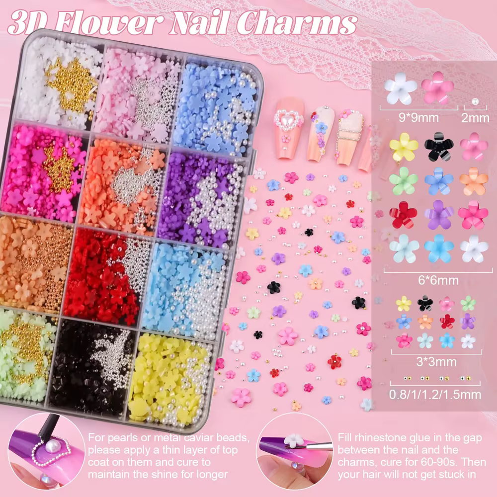 12 grilles de fleurs 3D colorées en acrylique pour nail art, mini fleurs à cinq pétales de 3/6/9 mm,