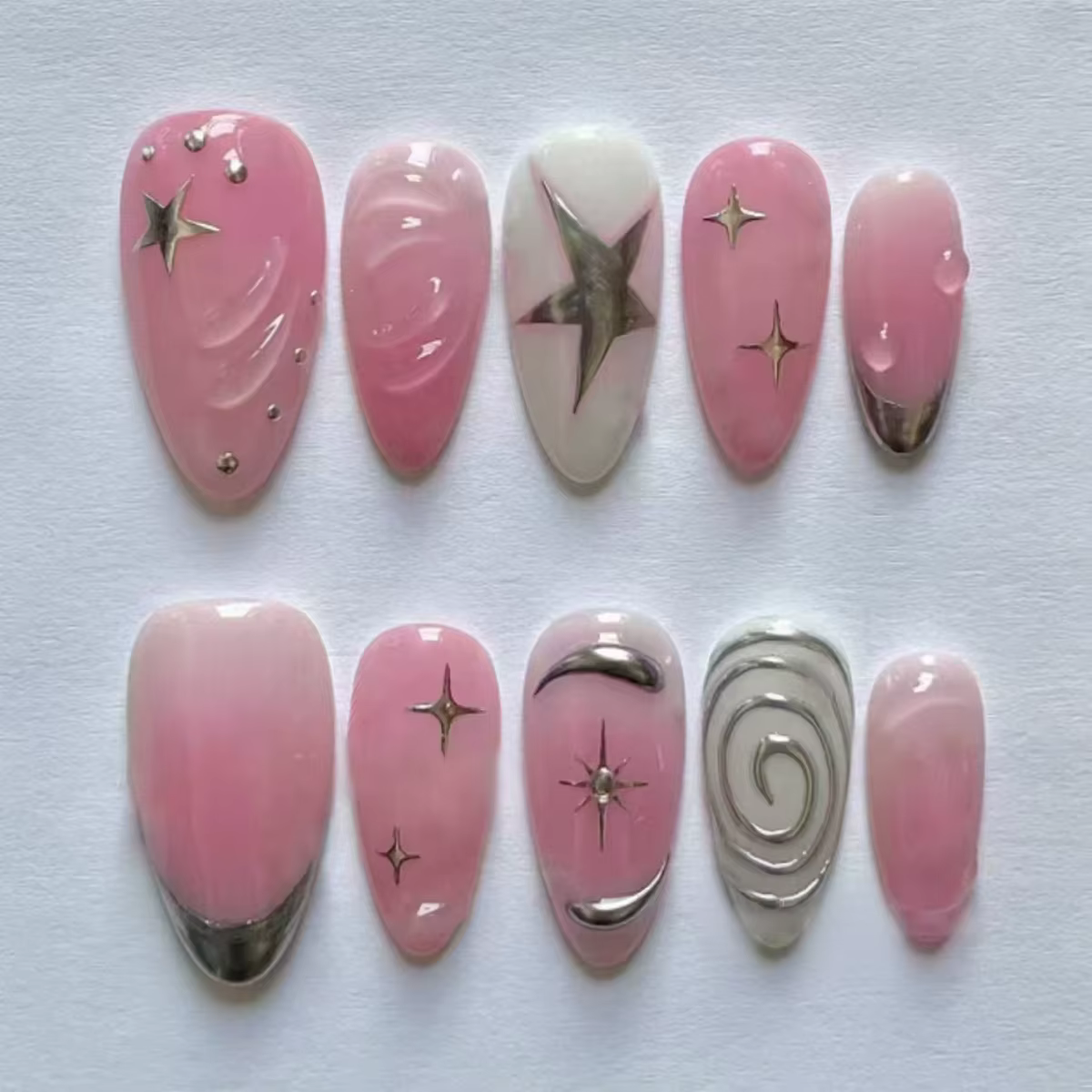 24 faux ongles en amande avec nœud et perles, design mignon pour filles, ongles à presser roses, fau