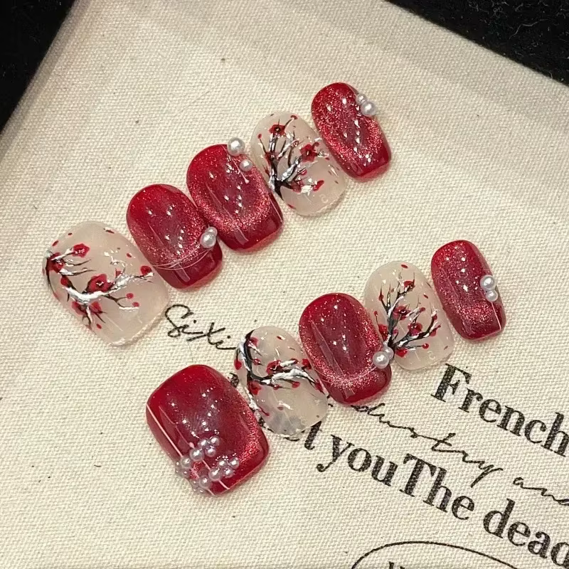 10 pièces oeil de chat rouge à la main presse sur ongles fleur faux ongles portable ongles à coller