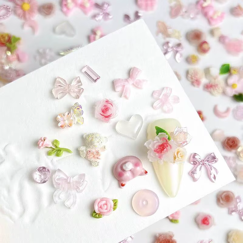 Breloques en résine 3D pour les ongles, mélange aléatoire, rose doux, fleur rose, accessoires de déc