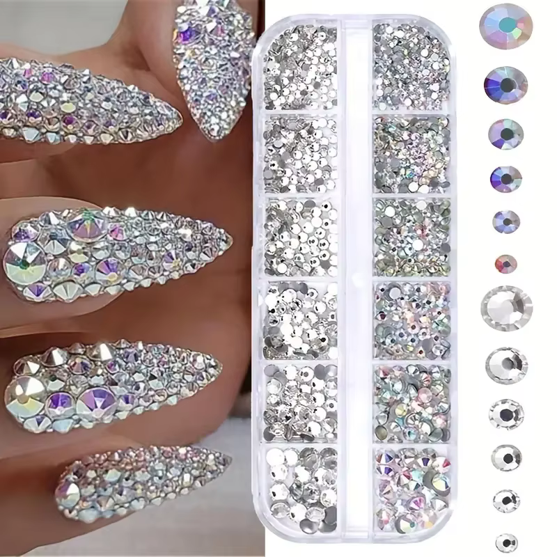 Boîte de strass 3D à dos plat pour ongles, gemmes en verre AB et cristal clair, Kit de breloques pou