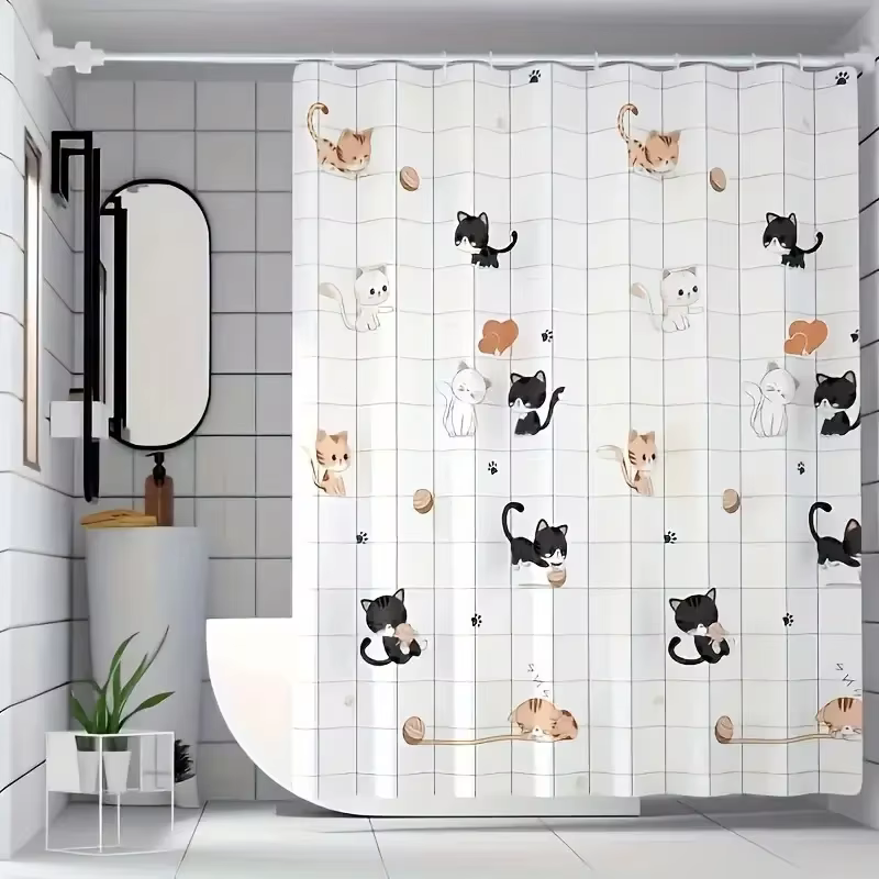 Rideau de douche simple avec motif de chat coquin, facile à nettoyer et à récurer, en matériau PEVA 
