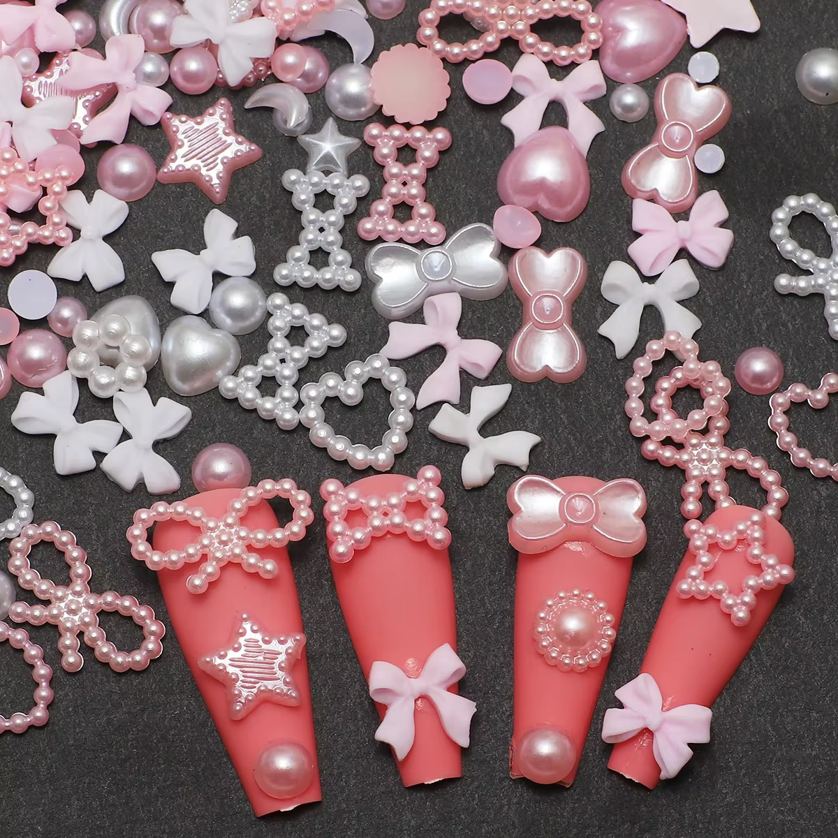 1 boîte d'accessoires pour ongles, breloque 3d en résine, nœud d'amour, pentagramme, accessoires pou