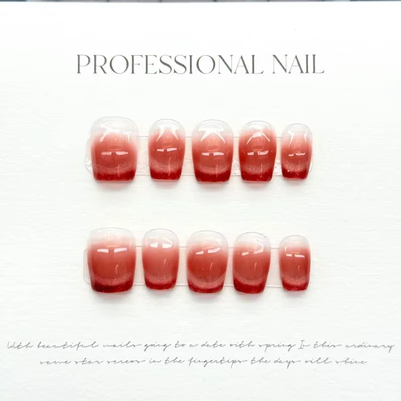 Faux ongles faits à la main pour filles, ensemble de faux ongles français rouge dégradé œil de chat