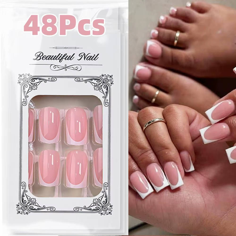 48/144 pièces Faux ongles à presser French Manucure et Pédicure, courts carrés, kit de faux ongles p