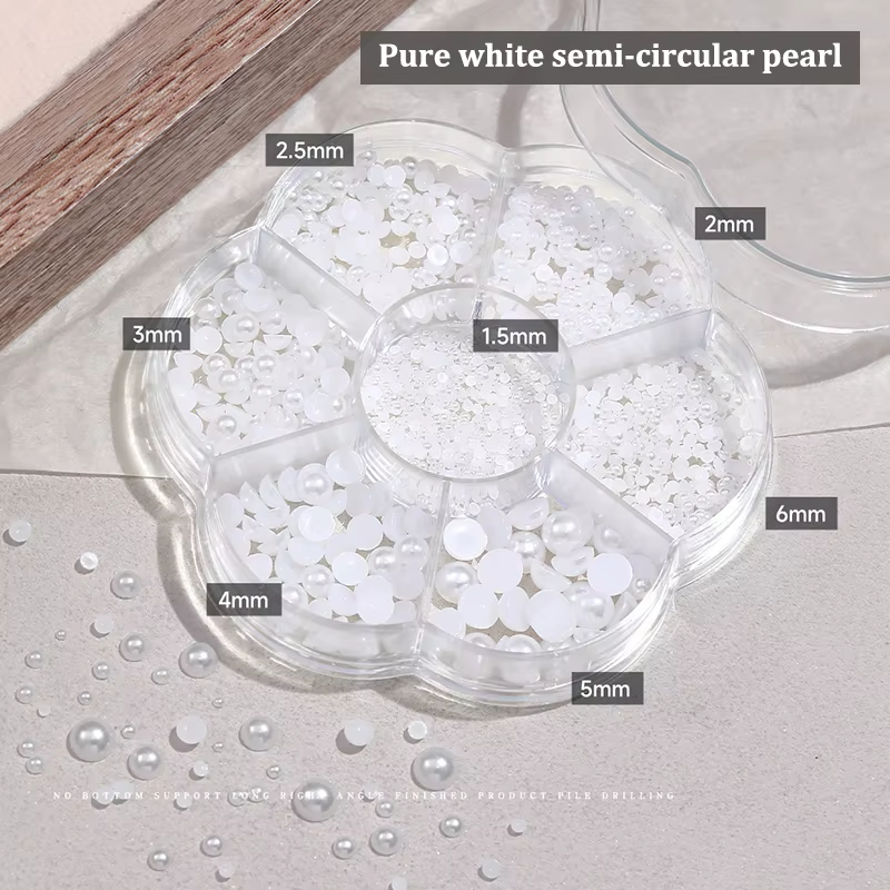 7 grilles argent or taille mixte perle Nail Art décorations blanc demi-rond fond plat Nail Art brico