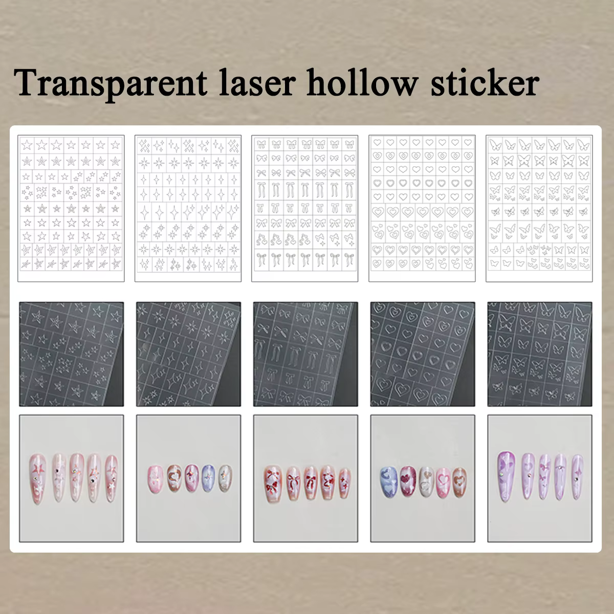 2 à 50 feuilles d'autocollants transparents pour ongles, découpés au laser, motifs étoile, nœud, pap