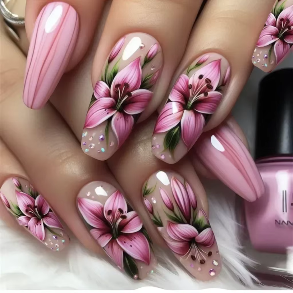 Faux ongles de Ballet en forme d'échelle, 24 pièces, avec bande de colle, Nail Art Floral ombré, pre