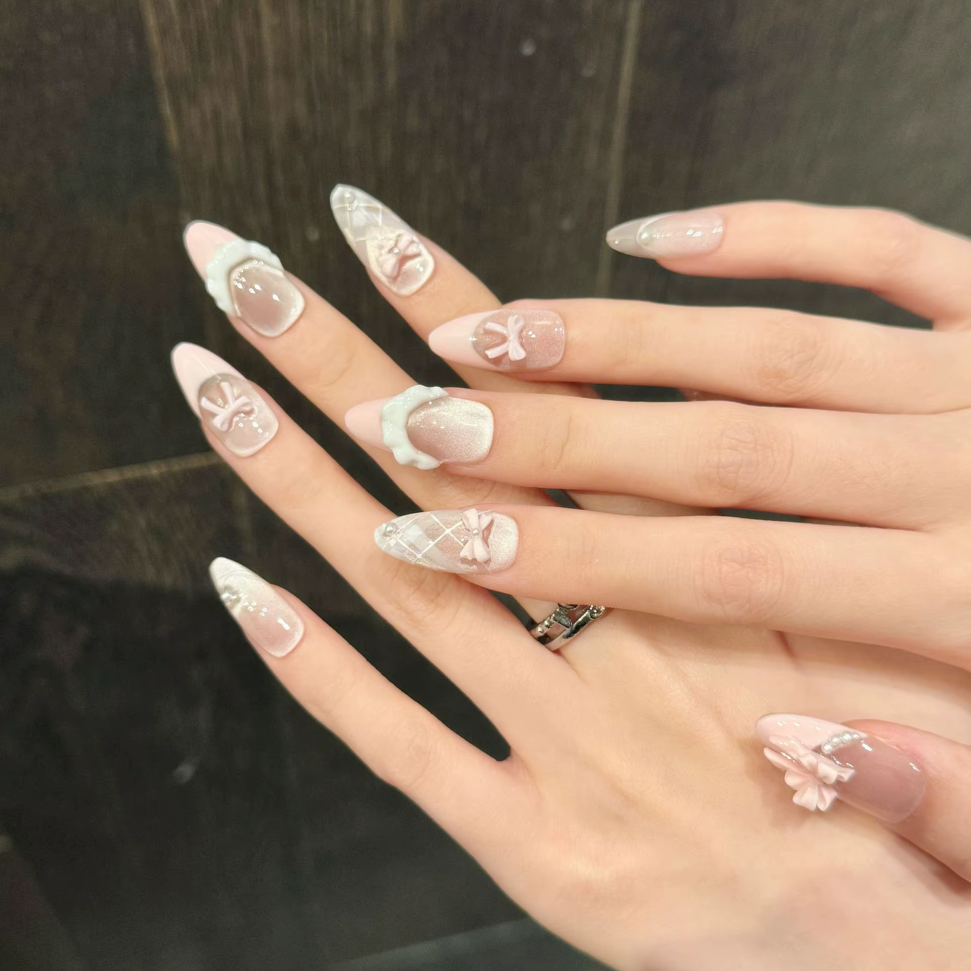 10 pièces presse à la main sur les ongles français oeil de chat rose arc décor coréen faux ongles po