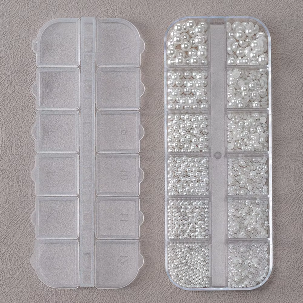 Perles Rondes Blanches pour Ongles, Breloques, 12 Grilles (0.15-0.5cm), Caviar, Bijoux, Demi-Ronde,