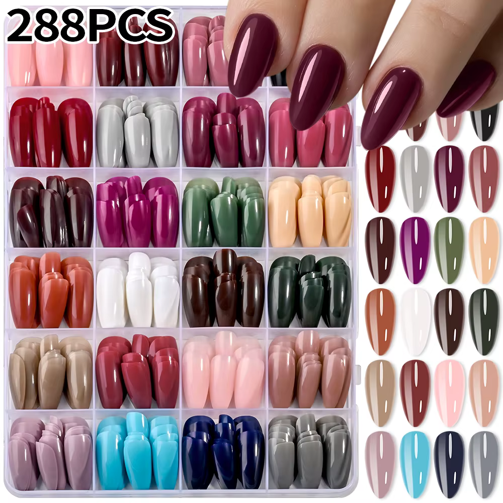 288 pièces brillant rouge/vert/bleu/blanc amande faux ongles longueur moyenne couleur unie couvertur