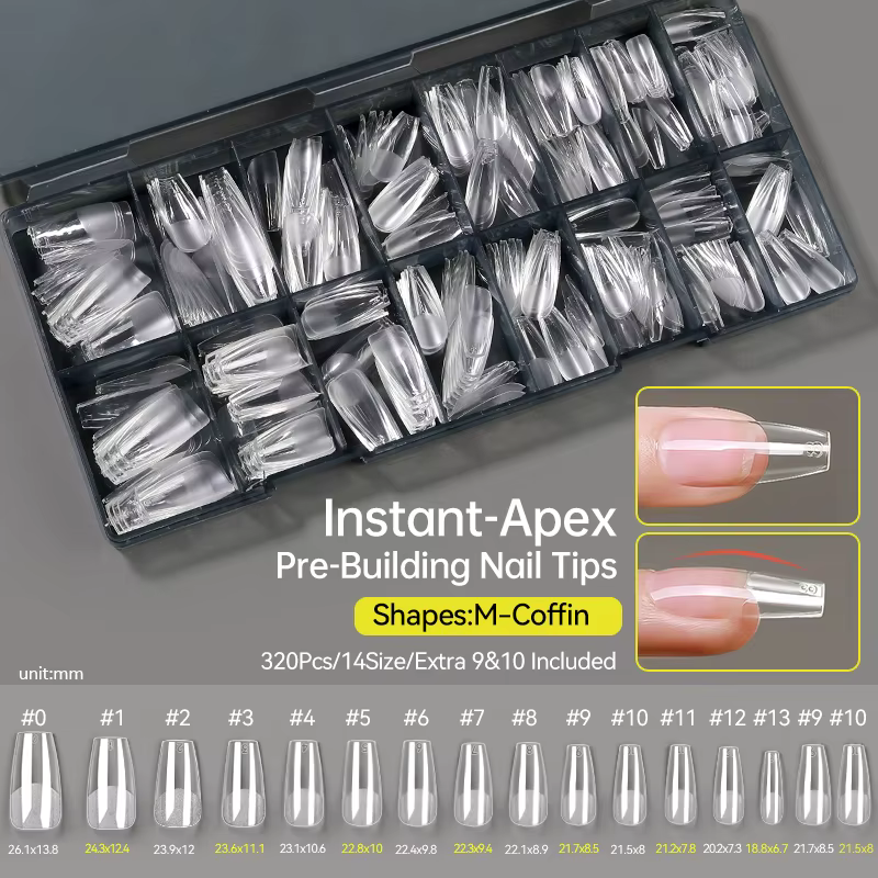 UR SUAGR 320 pièces Capsules d'ongles pré-montées transparentes INSTANT-APEX, Faux ongles semi-mat à