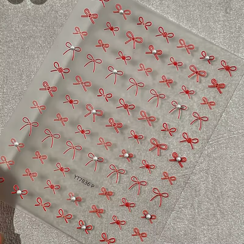 Autocollants pour ongles exquis en forme de mini-nœuds, blancs, noirs, rouges, avec perles, décorati