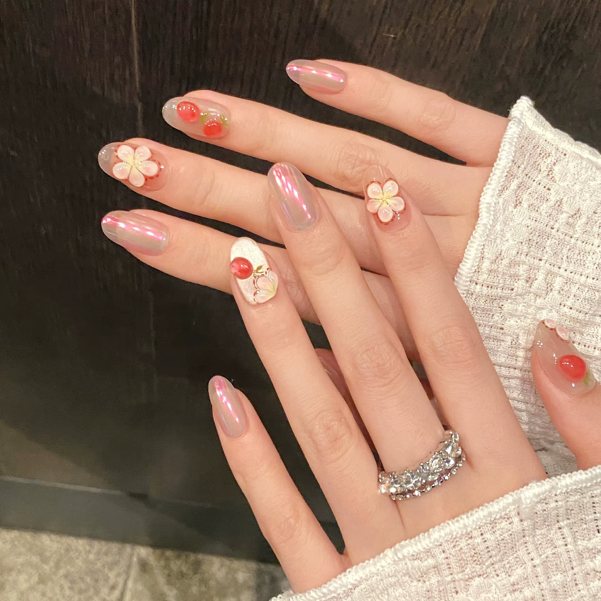 10 faux ongles courts ovales faits à la main, motif cerise et nœud mignon, à presser, dégradé rose,