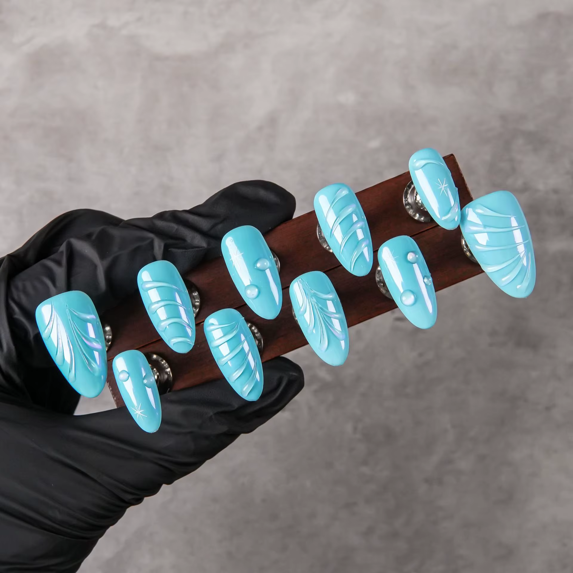 Faux ongles à presser Tiffany Blue faits main, texture 3D tourbillon goutte d'eau étoile, brillants,