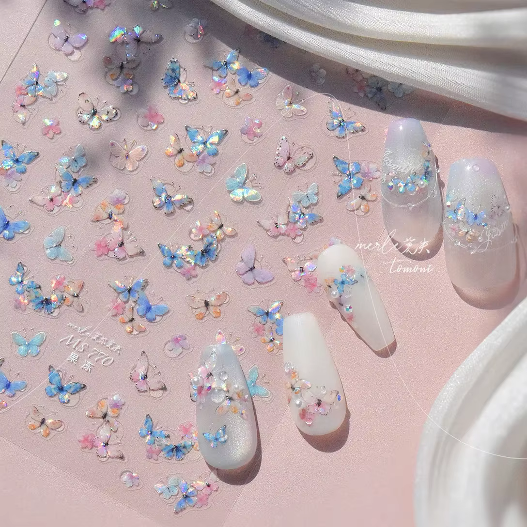 Autocollants adhésifs doux 5D pour Nail Art, dégradé blanc rose, fleur papillon, étoiles brillantes,