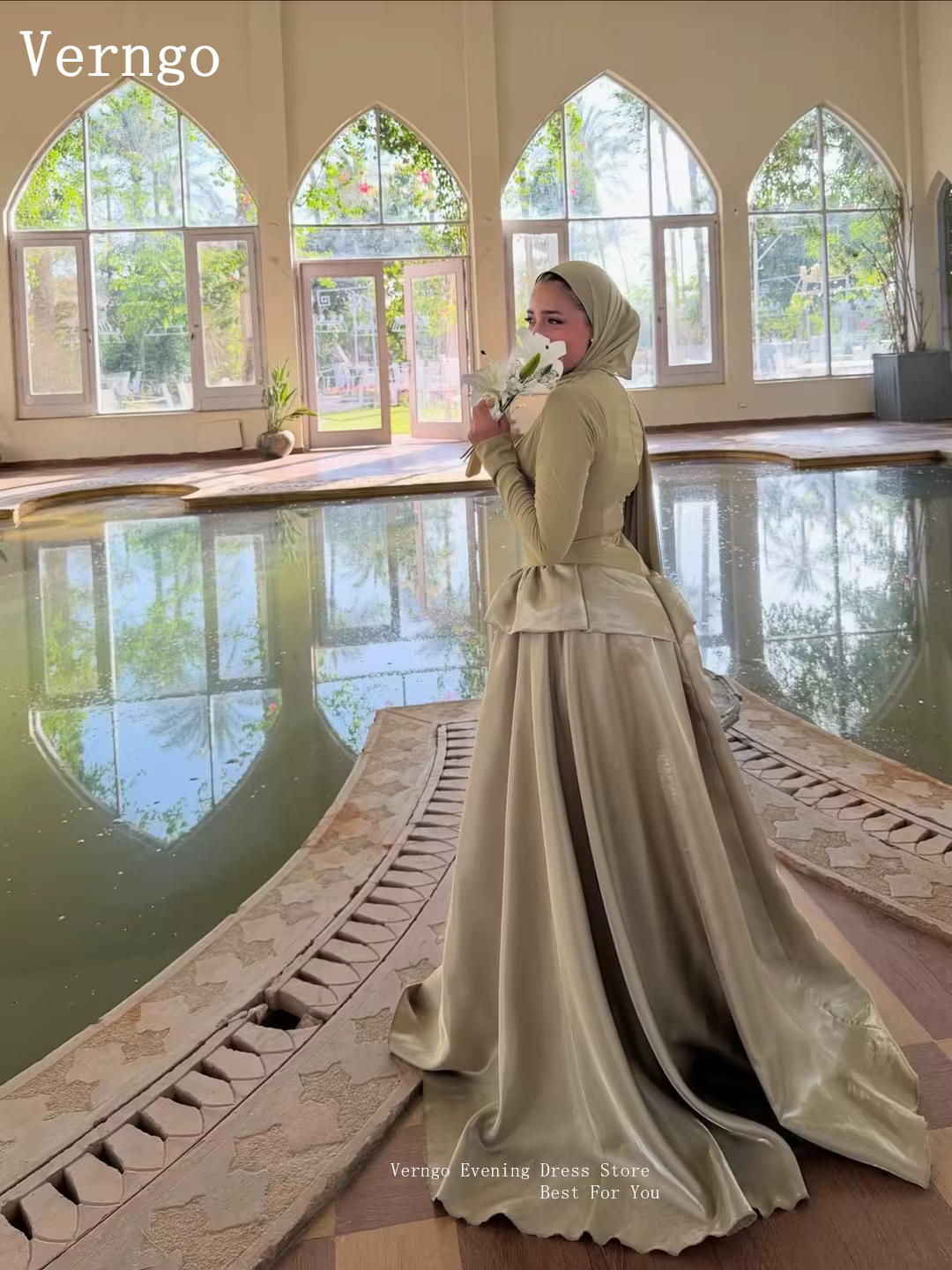Robe de soirée musulmane en satin vert sauge Verngo, col haut, manches longues, coupe trapèze, pour bal de promo, style modeste, Dubaï P