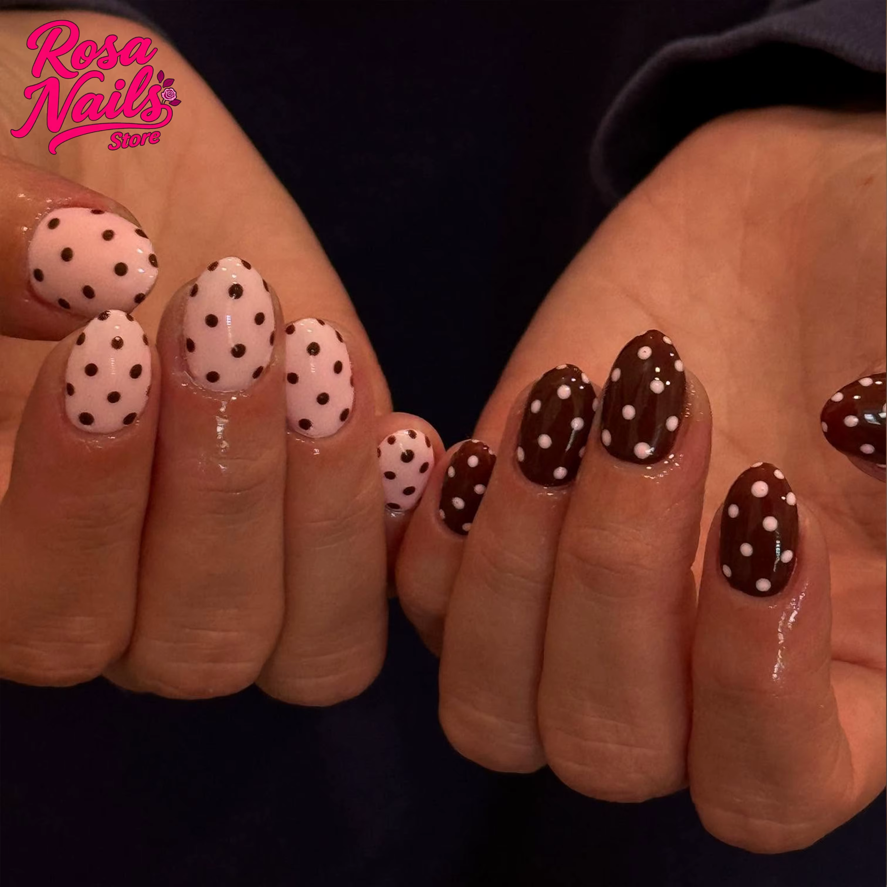 Faux ongles à pois rose et marron