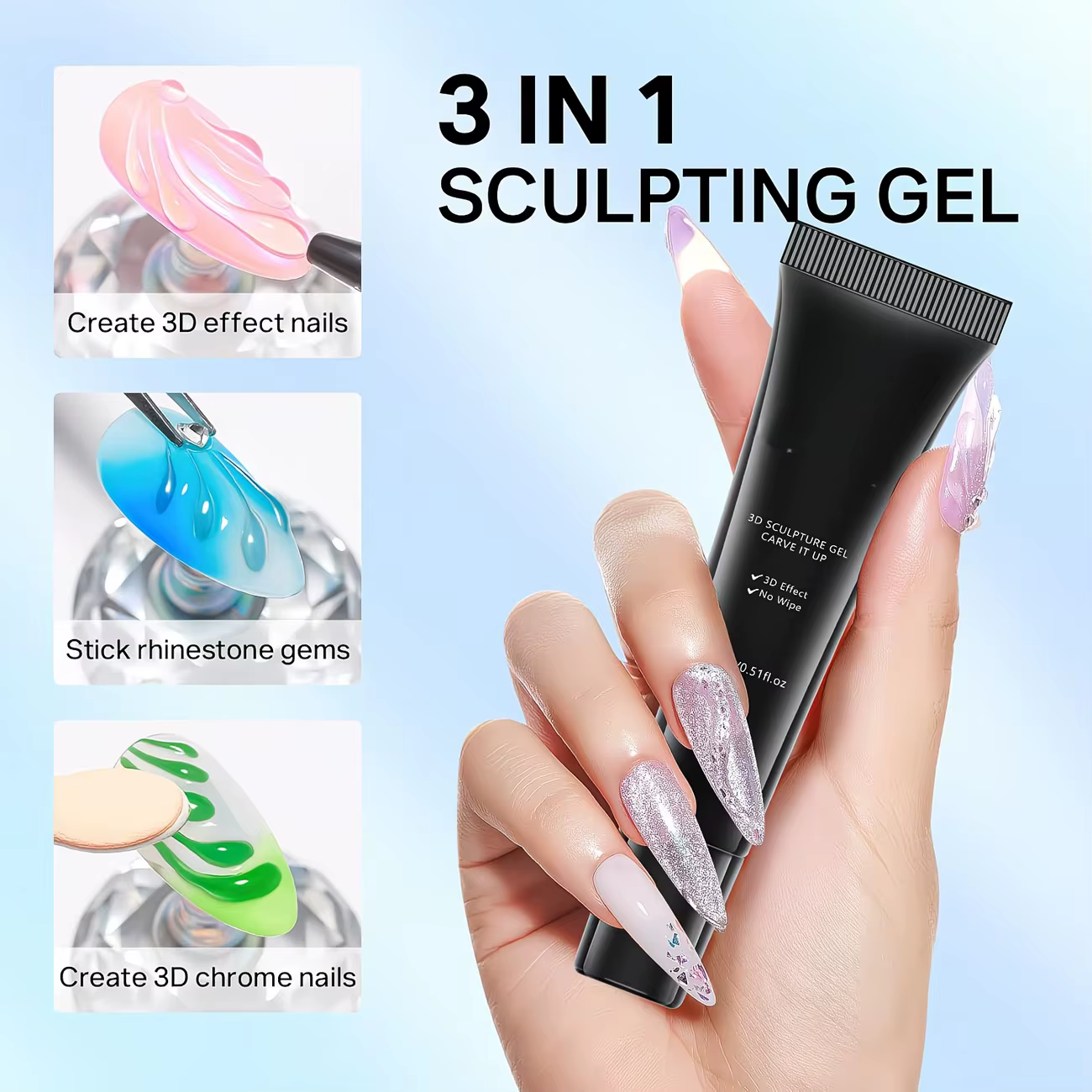 DOULINGDAI Gel de sculpture 3D pour nail art - 3 pièces de vernis à ongles transparent sans résidu