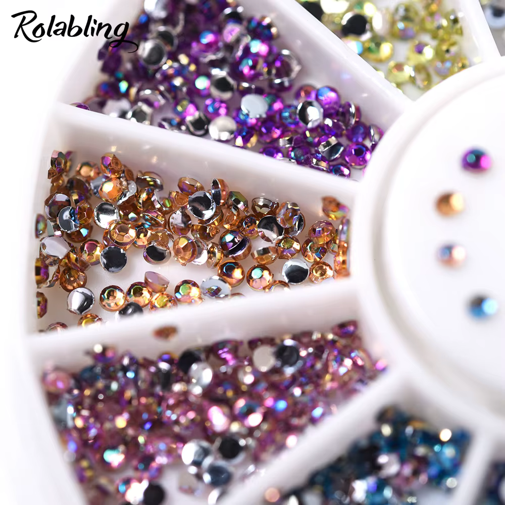 600 pièces/boîte 1.5mm forme ronde Nail Art strass 12 couleurs AB arc-en-ciel couleur paillettes cristal 3D