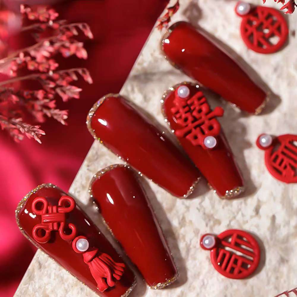 Outil de manucure rouge, nœud chinois, Fortune de bon augure, bijoux en alliage pour Nail Art, décoration d'ongles à faire soi-même, nouvel an, ornements de perles