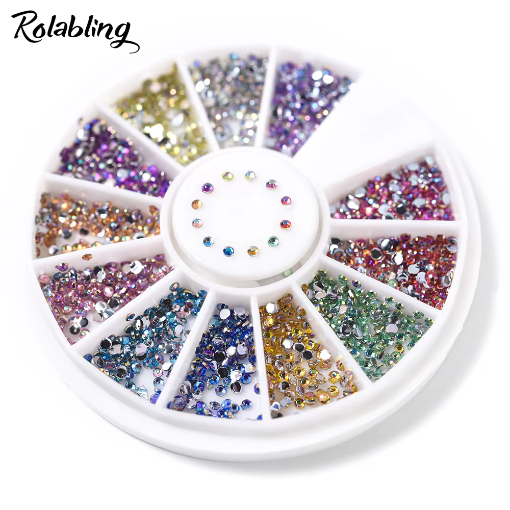 600 pièces/boîte 1.5mm forme ronde Nail Art strass 12 couleurs AB arc-en-ciel couleur paillettes cristal 3D