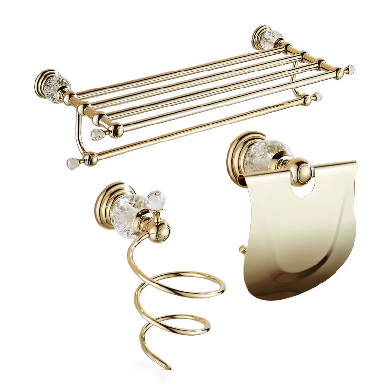 Ensemble d'accessoires de salle de bains en cristal et argent de luxe, ensemble de matériel de bain en laiton poli doré, panier de produits de salle de bains mural 3