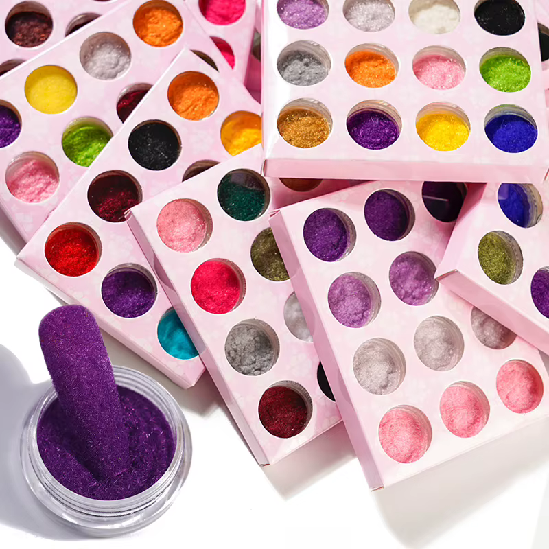 24 couleurs/ensemble flou flocage velours ongles paillettes poudre Pigment