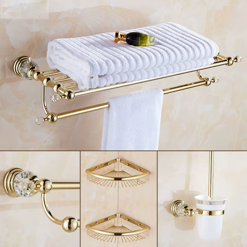 Ensemble d'accessoires de salle de bains en cristal et argent de luxe, ensemble de matériel de bain en laiton poli doré, panier de produits de salle de bains mural 3