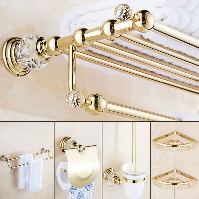 Ensemble d'accessoires de salle de bains en cristal et argent de luxe, ensemble de matériel de bain en laiton poli doré, panier de produits de salle de bains mural 3