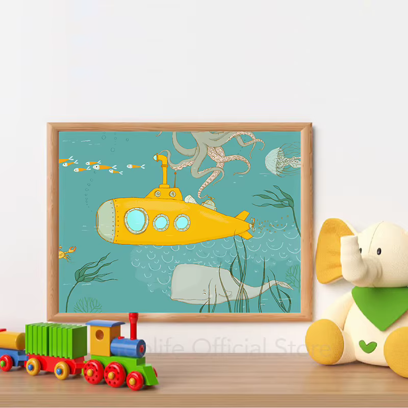 Affiche de dessin animé sous-marin jaune pour chambre d'enfant, peinture sur toile, illustration, impressions d'art, baleine, pieuvre, décoration murale