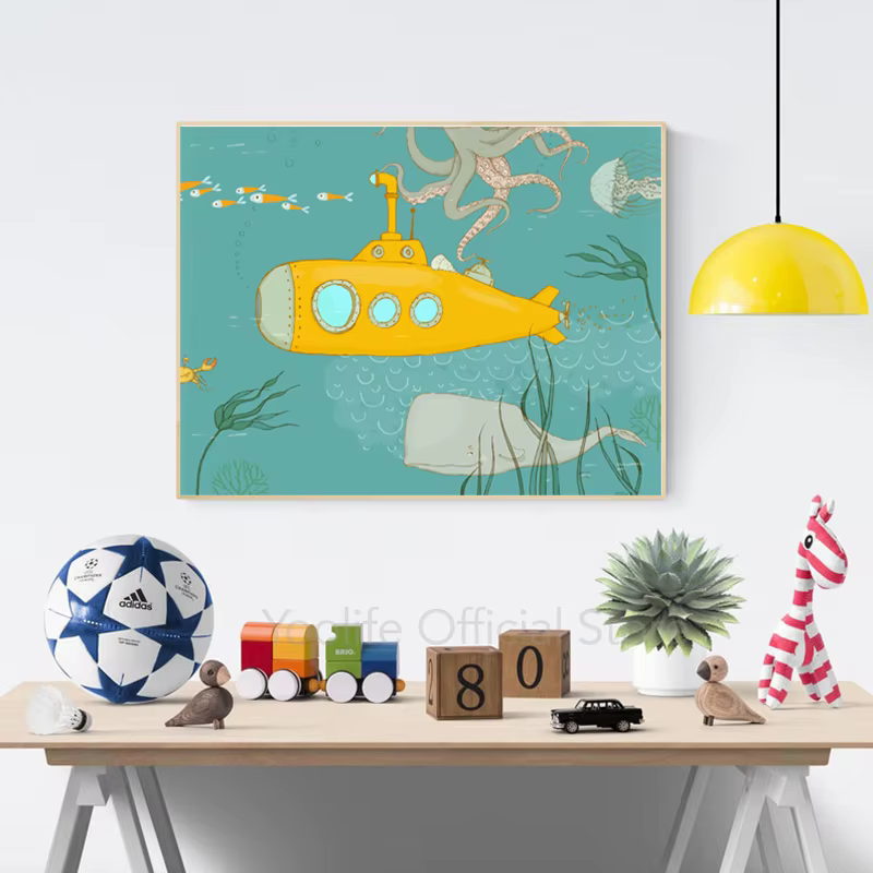 Affiche de dessin animé sous-marin jaune pour chambre d'enfant, peinture sur toile, illustration, impressions d'art, baleine, pieuvre, décoration murale