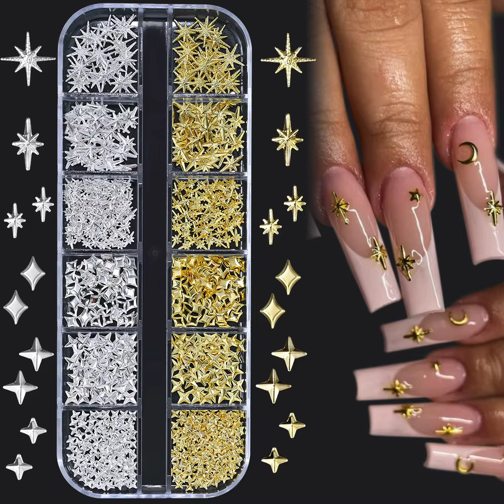 1000 pièces-12 grilles 3D or argent étoile/croix ongles Rivet goujons alliage métallique Starlight