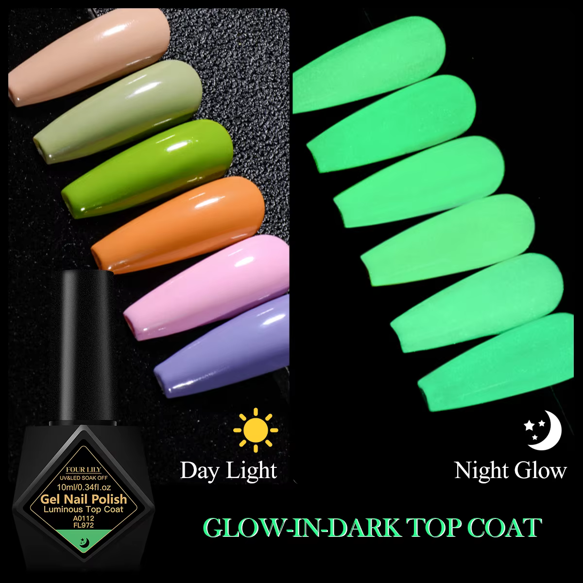 FOUR LILY 10ml Top Coat Lumineux Sans Résidu Gel Vert Phosphorescent Vernis à Ongles DIY Salon à Domicile Cadeau Festif Pour la Saint-Valentin