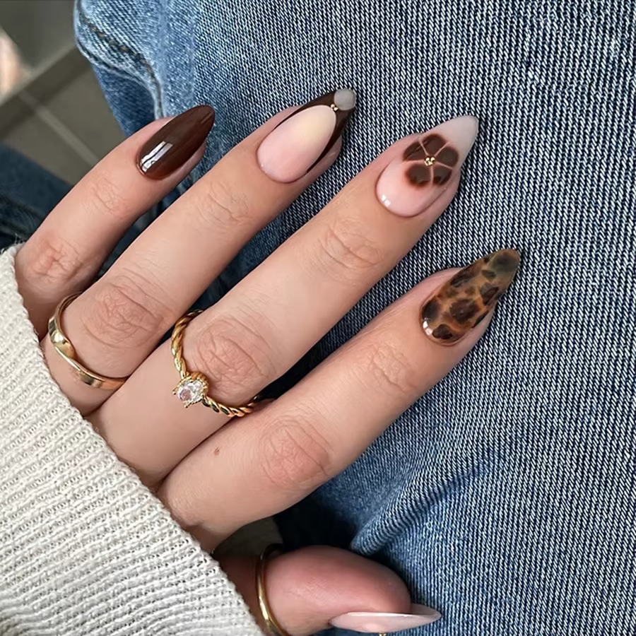 24 pièces français imprimé léopard presse sur ongles automne doré perle marron fleurs amande faux