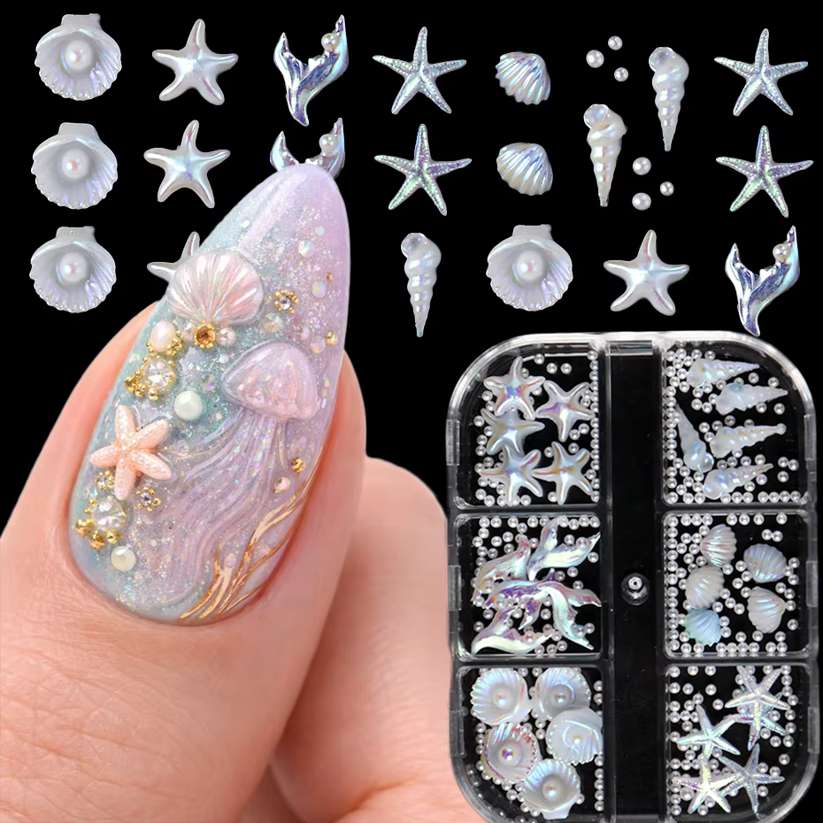 6 grilles de breloques pour ongles en forme de coquillages nacrés