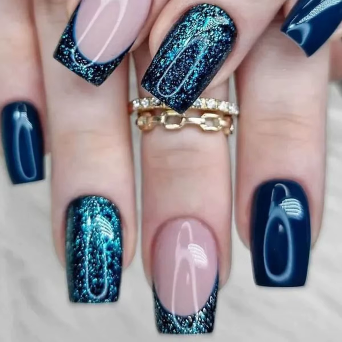 Faux ongles courts N64.avec poudre scintillante pour filles