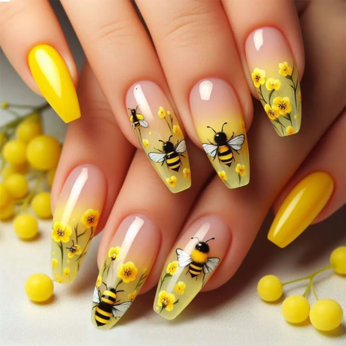 Faux ongles de ballet portables presse sur N64 Floral N64 Flower Design N64 Medium Coffin N64 souhaits on Wearable