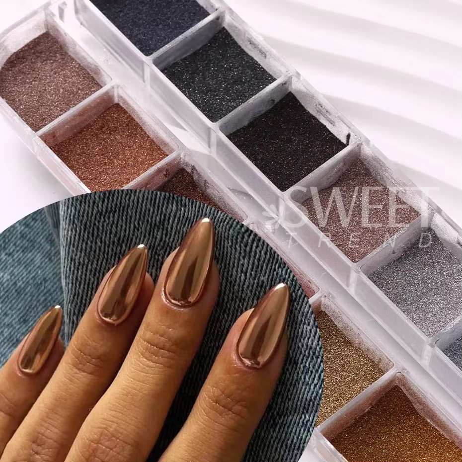 12 grilles automne hiver couleur foncé ongles paillettes Pigment miroir magique marron argent or frotter poudre Gel vernis poussière manucure décor