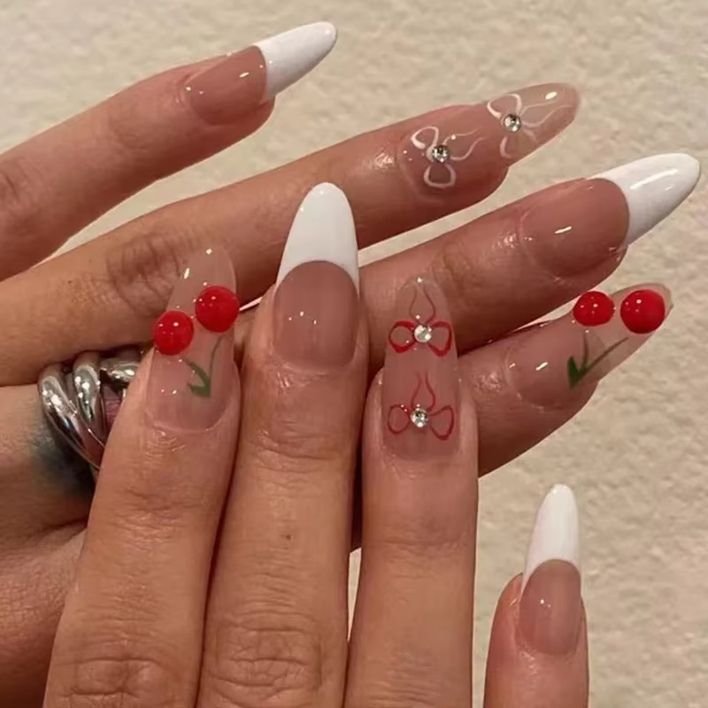 Faux ongles 3D citron rayés bleu et blanc