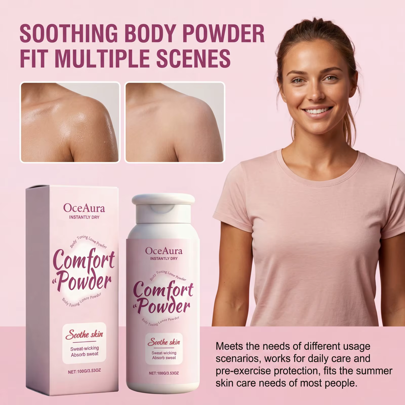 Poudre Confort Instantanée Séchage Rapide Poudre Corporelle Apaisante Anti-Transpiration Absorbe la Sueur Sans Talc Soin Rafraîchissant pour l'Été