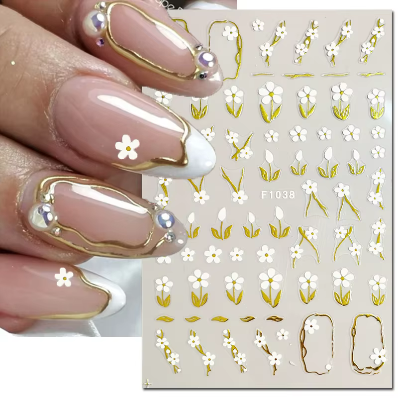 3d Nail Art lignes dorées feuilles d'or fleurs blanches adhésif curseurs ongles autocollants accessoires pour décorations conseils beauté