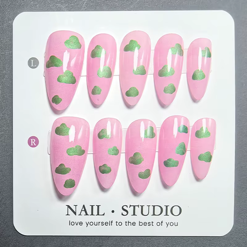 10 faux ongles en amande faits à la main, dégradé rose guava, en acrylique, brillants, pour manucure en gel, pour femmes