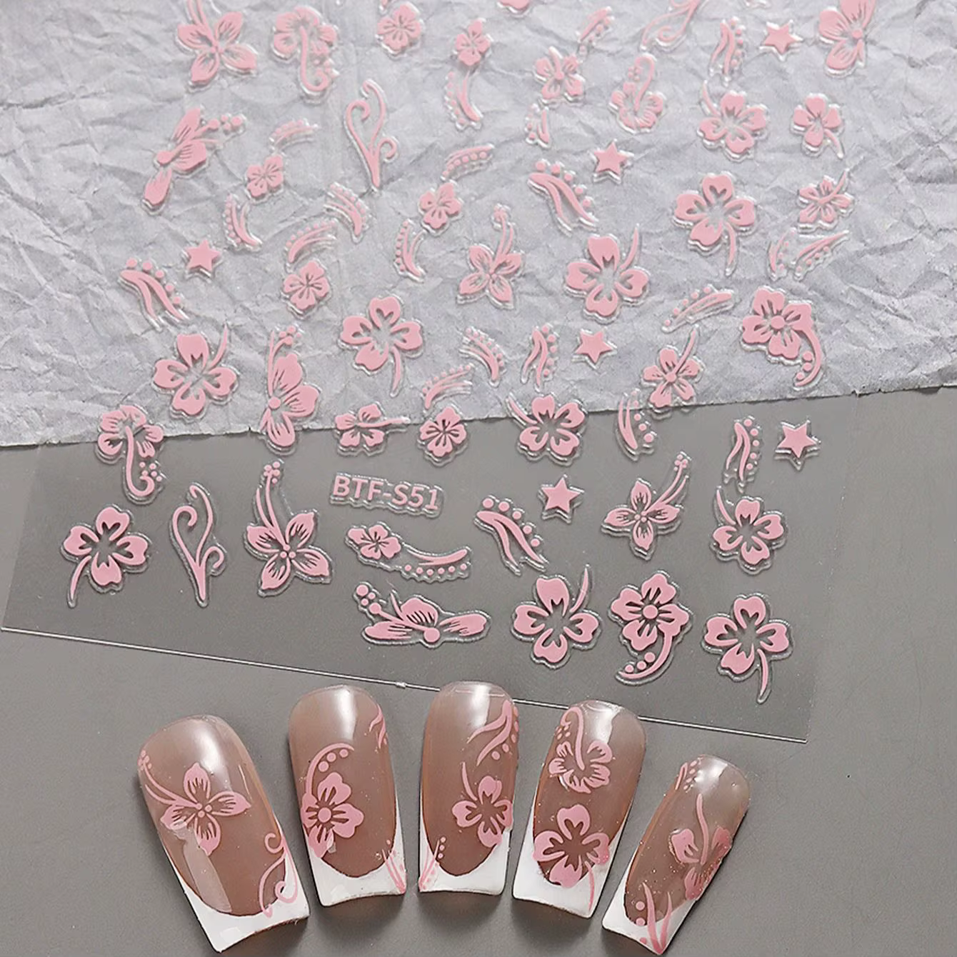 Autocollant pour ongles motif fleur d'hibiscus rose et blanc