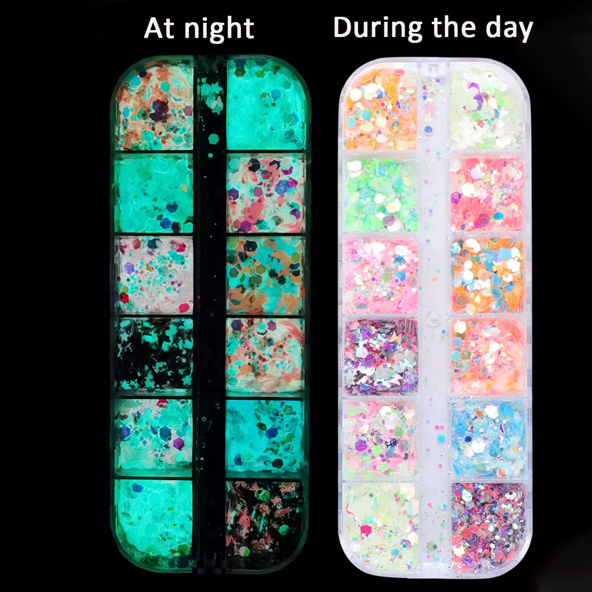 12 grilles brillent dans la nuit paillettes poudre à ongles caméléon lumineux hexagone