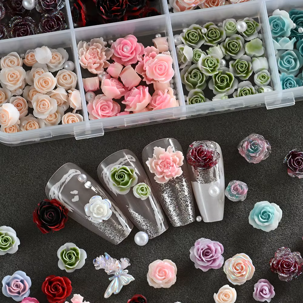 12 grilles 3D camélia Rose fleur Nail Art breloques mixte Floral papillon perle ongles décorations pour bricolage artisanat manucure accessoire