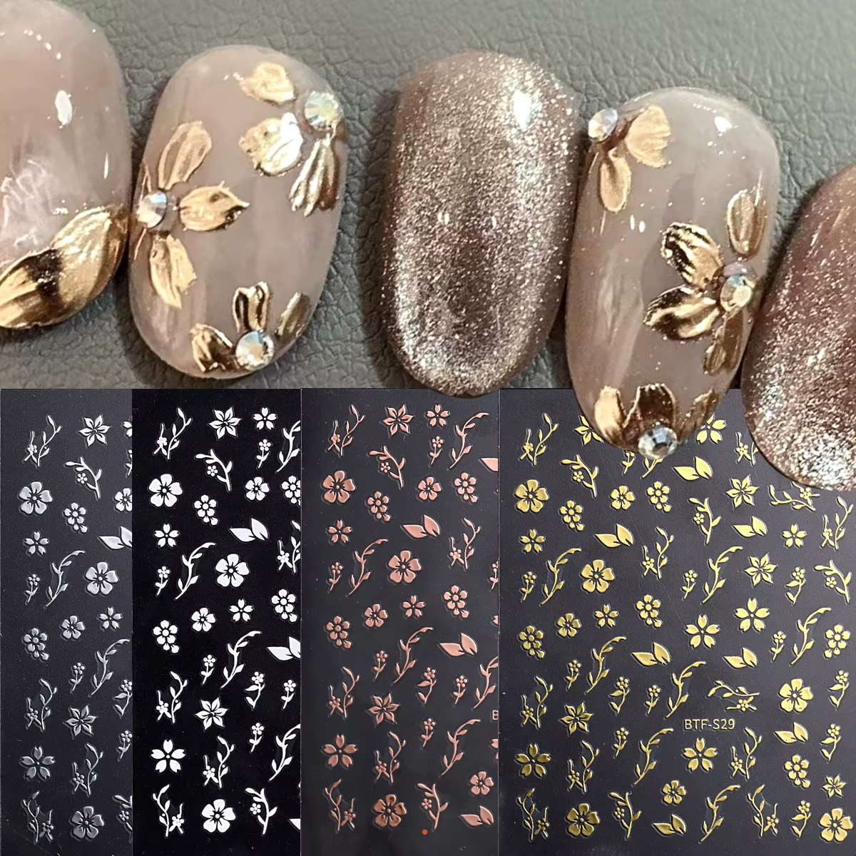 Autocollants pour ongles en forme de fleur dorée - Design feuille